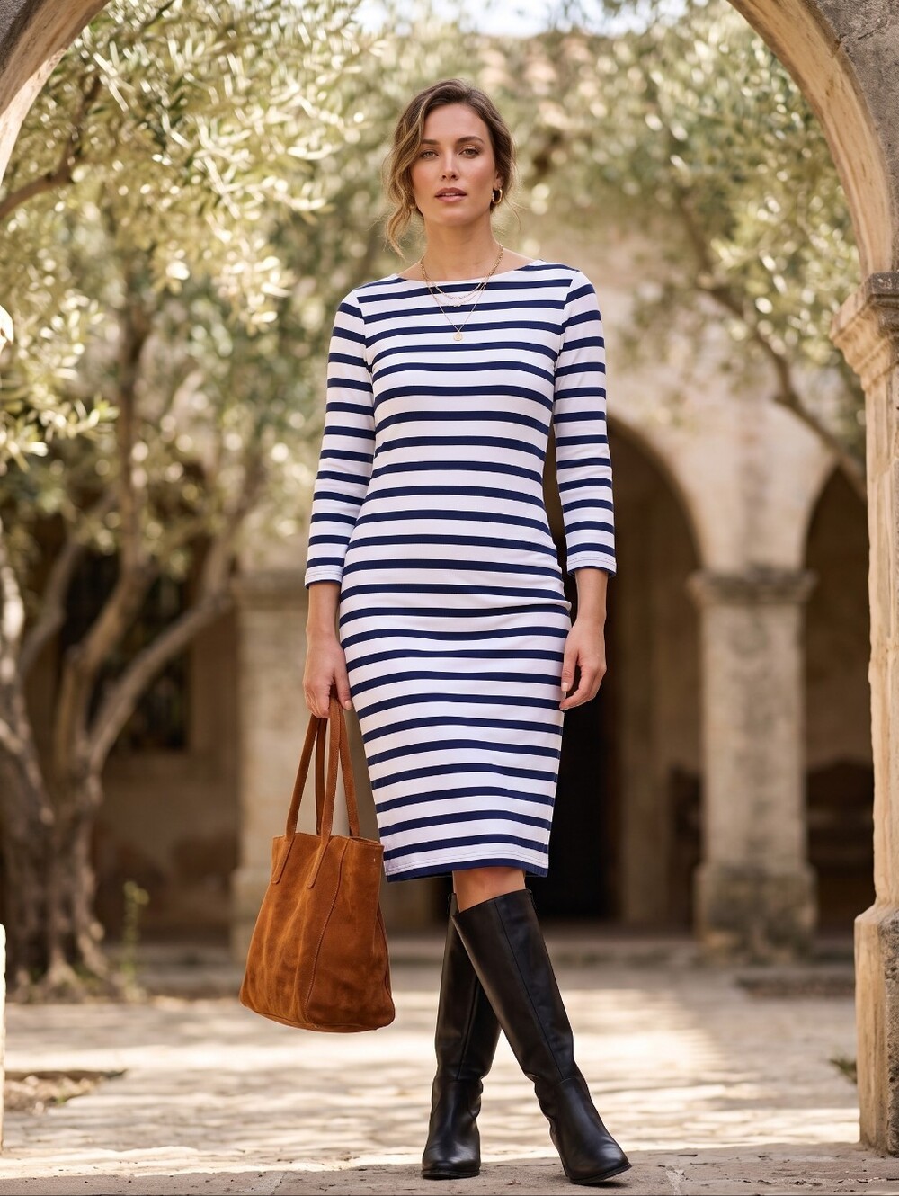 JOFIT Nautical Striped Boatneck Midi Sheath Dress Preppy Breton Coastal Resort